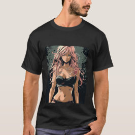 Sexy Anime Girl in Black Bikini T-Shirt