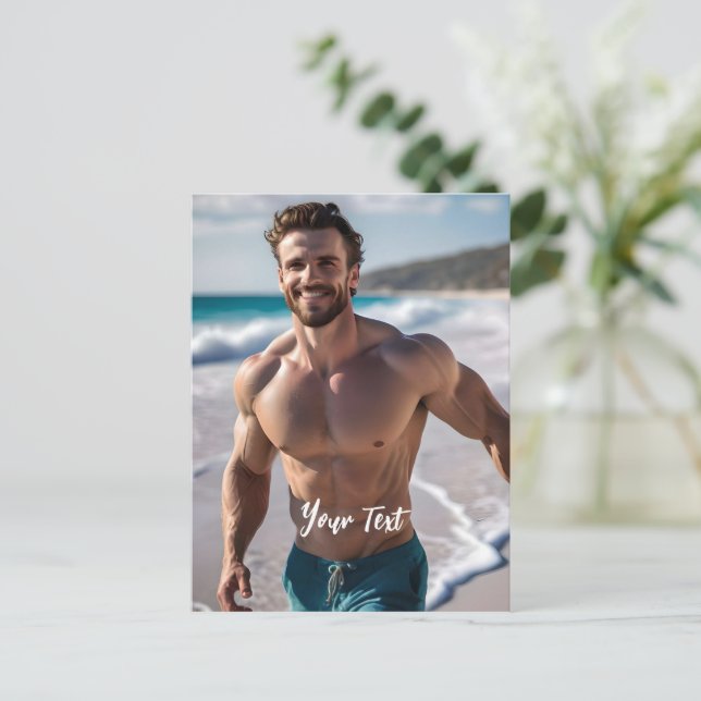 Sexy Brünett Man Postkarte (Stehend Vorderseite)