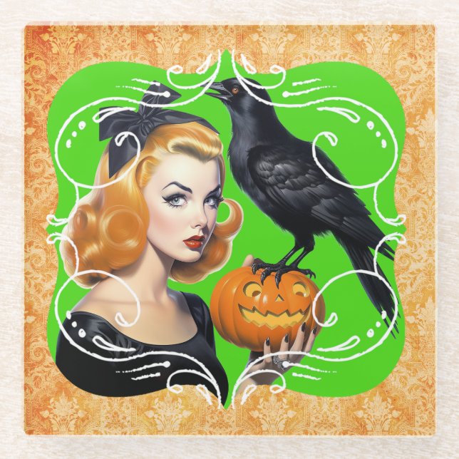 Sexy Halloween Girl and Raven Glasuntersetzer (Vorderseite)