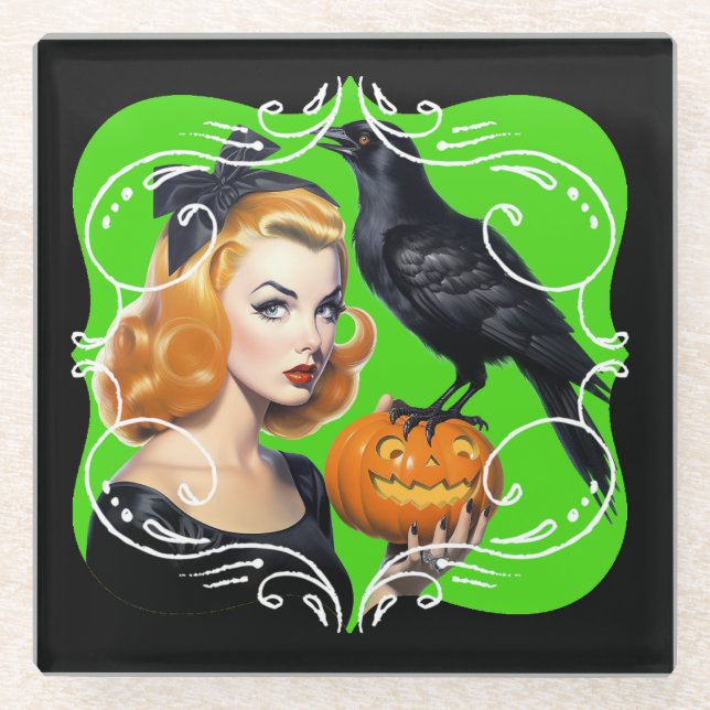 Sexy Halloween Girl and Raven Glasuntersetzer (Vorderseite)