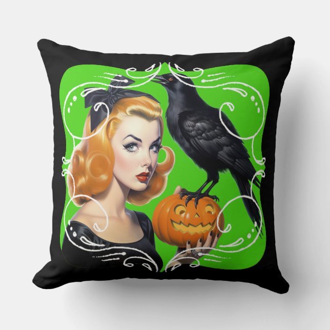 Sexy Halloween Girl and Raven Kissen (Vorderseite)