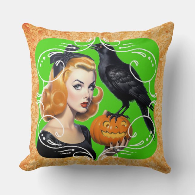 Sexy Halloween Girl and Raven Kissen (Vorderseite)