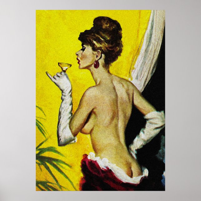 Sexy Lady Drink Wein Retro Pulp Cover Kunst Poster (Vorne)