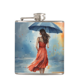 Sexy Lady in Rain mit Regenschirm - Wasserfarben K Flachmann