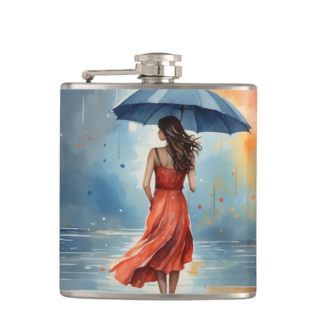 Sexy Lady in Rain mit Regenschirm - Wasserfarben K Flachmann (Vorderseite)