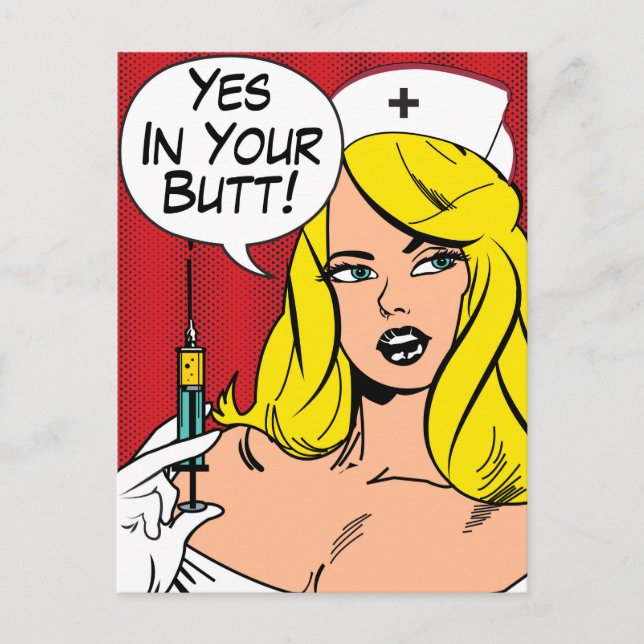 Sexy Nurse mit Nadel, Ja in Ihrem Hintern Postkarte (Vorderseite)
