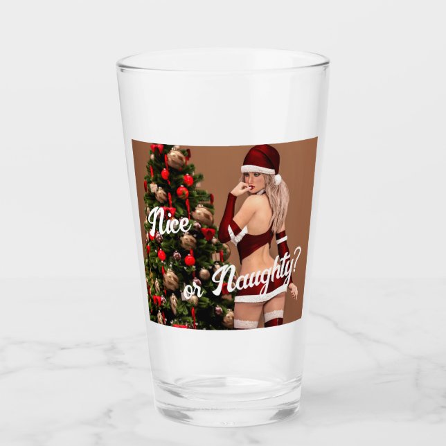 Sexy Santa Girl in der Nähe des Weihnachtsbaumes Glas (Vorderseite)