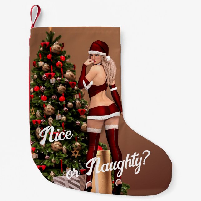 Sexy Santa Girl in der Nähe des Weihnachtsbaumes Kleiner Weihnachtsstrumpf (Vorderseite)
