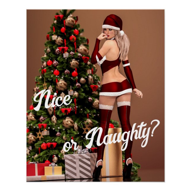 Sexy Santa Girl in der Nähe des Weihnachtsbaumes Poster (Vorderseite)
