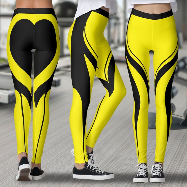 Sexy Yellow Black Heart Hintern Gym Aclebwear Leggings (Yellow and black leggings with black heart on butt and abstract line design)