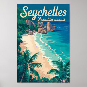 Seychellen Strand Illustration Reise Kunst Vintage Poster