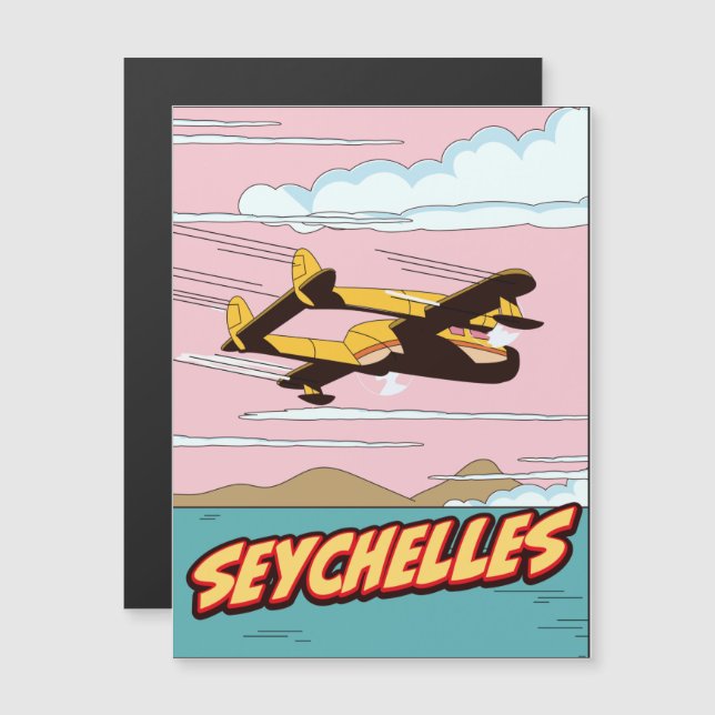 Seychelles Cartoon Reiseplakat. Magnetkarte (Vorne/Hinten)