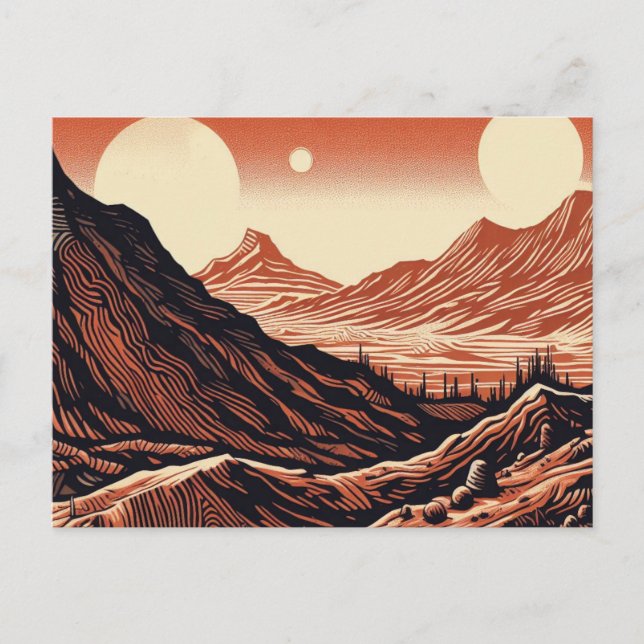 SF Mars Landschaft Holzschnitt 4 Postkarte (Vorderseite)