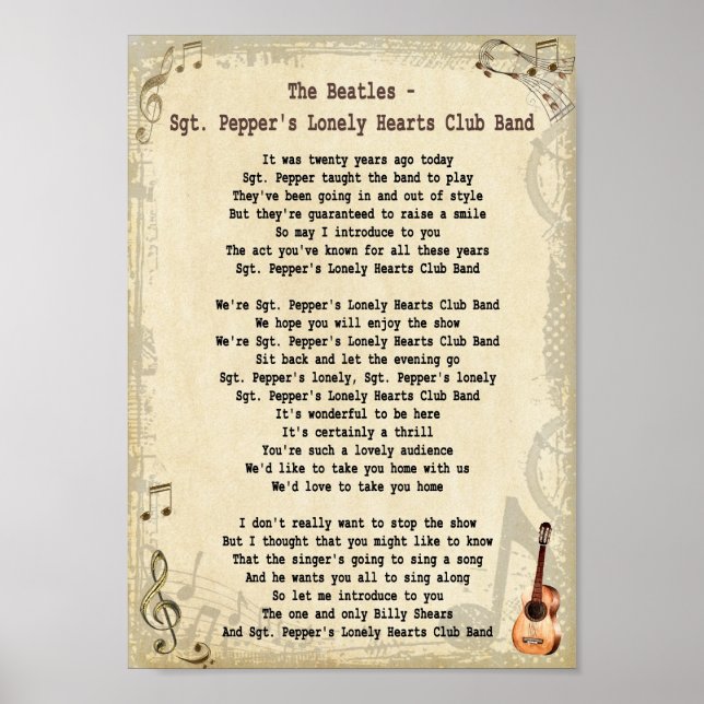 Sgt Pepper's Lonely Hearts Club Band Song Lyric Poster (Vorne)