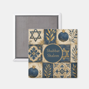 Shabbat Schalom Küchenmagnet, Navy Blau Gold Magnet