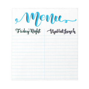 Shabbat Shabbos Menu Notepad Notizblock