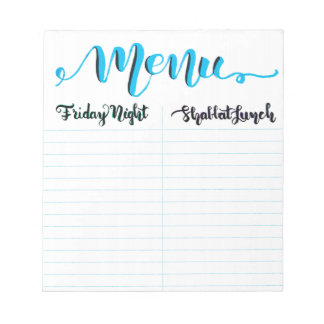 Shabbat Shabbos Menu Notepad Notizblock