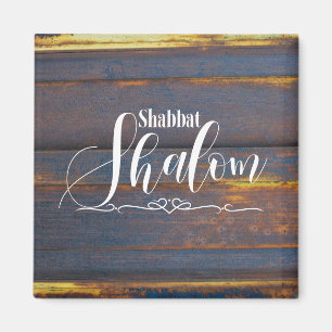 Shabbat Shalom Blau Gold Holz mit Weathered Holz Magnet