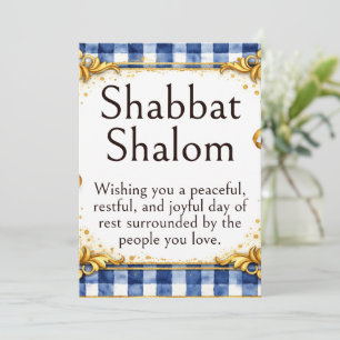 Shabbat Shalom Gruß, Gingham Blau Weiß Gold Karte
