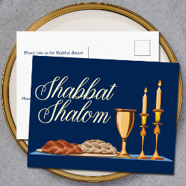 Shabbat Shalom Jewish Dinner Navy Blue Gold Folien Feiertagspostkarte