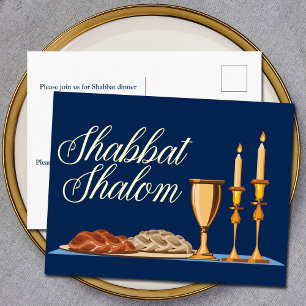 Shabbat Shalom Jewish Dinner Navy Blue Gold Folien Feiertagspostkarte