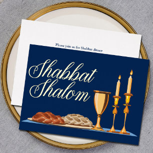 Shabbat Shalom Jewish Dinner Navy Blue Gold Folieneinladung