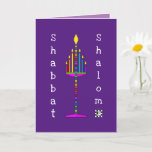 Shabbat Shalom Menorah Grußkarte Karte<br><div class="desc">Diese bunte und lustige Menorah ist beleuchtet und singt ihre glückliche Botschaft aus. Innenausweis mit Datumsbereich ist für Ihr Schreibgenuss begrenzt und koordiniert. Shabbat Shalom! ~ Karyn</div>