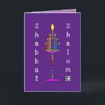 Shabbat Shalom Menorah Grußkarte Karte<br><div class="desc">Diese bunte und lustige Menorah ist beleuchtet und singt ihre glückliche Botschaft aus. Innenausweis mit Datumsbereich ist für Ihr Schreibgenuss begrenzt und koordiniert. Shabbat Shalom! ~ Karyn</div>