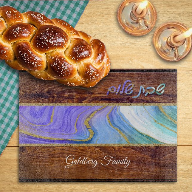 Shabbat Shalom Purple Teal Marble on Wood Effect Schneidebrett (Von Creator hochgeladen)