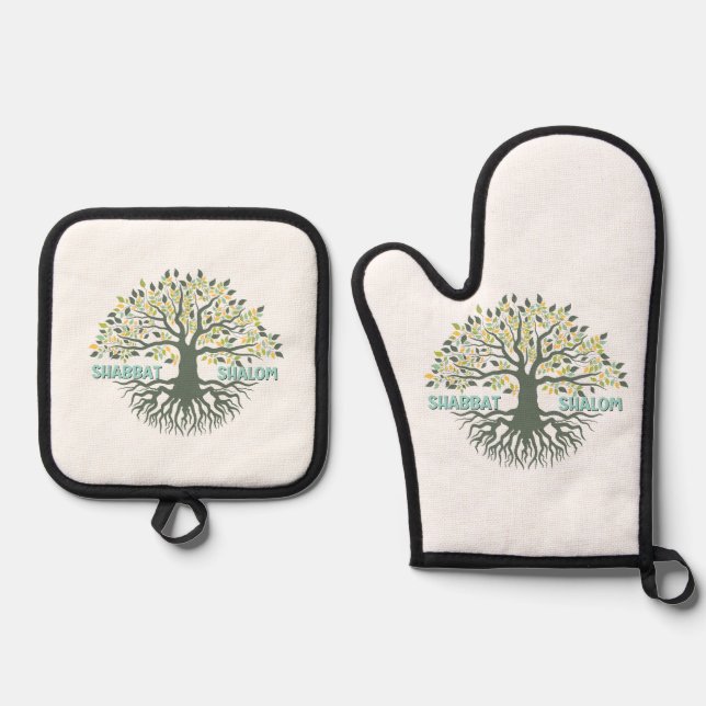 Shabbat Shalom Tree of Life Ez Hachaim Challah Ofenhandschuh & Topflappen-Set (Vorderseite)