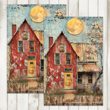 SHABBY ALT RED HOUSE MIXED MEDIA DECOUPAY