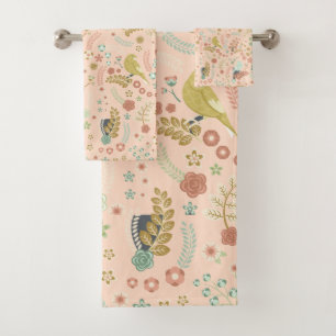 Shabby Birds & Branches Pastel Salmon Badhandtuch Set
