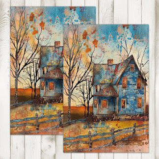 SHABBY BLAUE FARMHOUSE IM HERBST SEIDENPAPIER