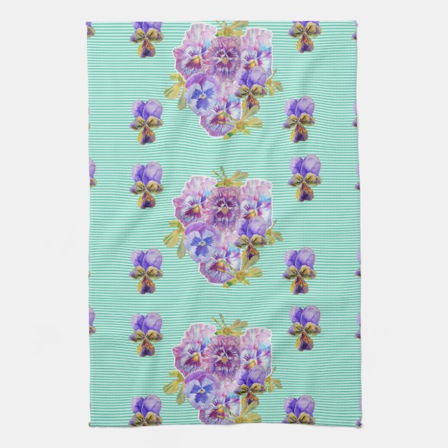 Shabby Chic Aqua Pansy Floral Küche Handtuch (Vertikal)