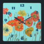 Shabby Chic Aqua Poppies Poppy Floral Room Clock Quadratische Wanduhr<br><div class="desc">Shabby Chic Aqua Poppies Poppy Floral Room Clock. Designed from my original watercolour art.</div>
