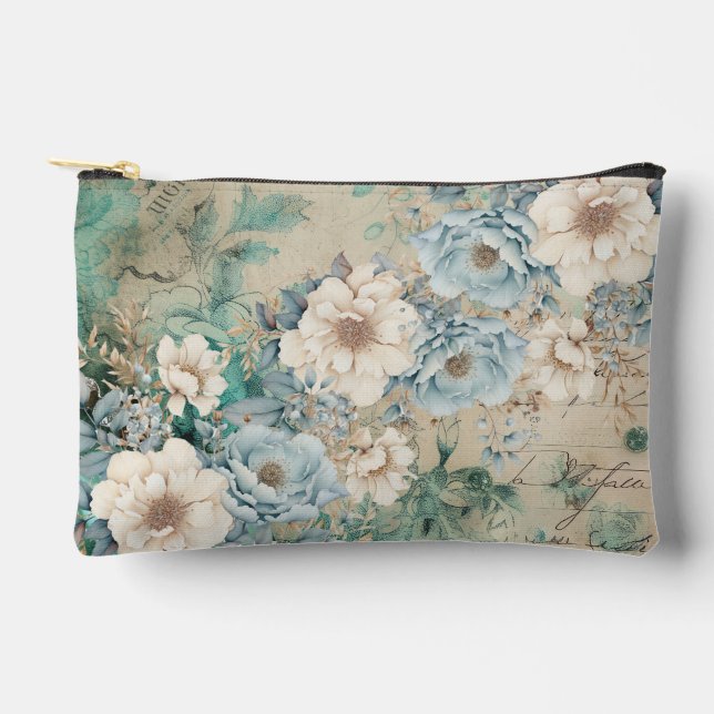 Shabby Chic Aquamarine Pastelfloral Make-up-Tasche Zubehörtasche (Vorderseite)