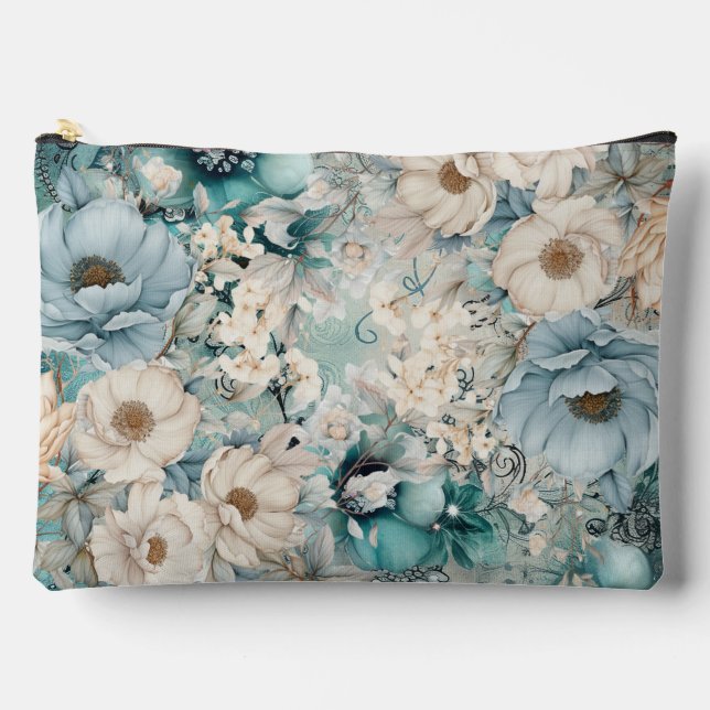 Shabby Chic Aquamarine Pastelfloral Make-up-Tasche Zubehörtasche (Vorderseite)