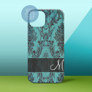 Shabby Chic Aquamariner Damast Muster mit Monogram iPhone 16 Hülle