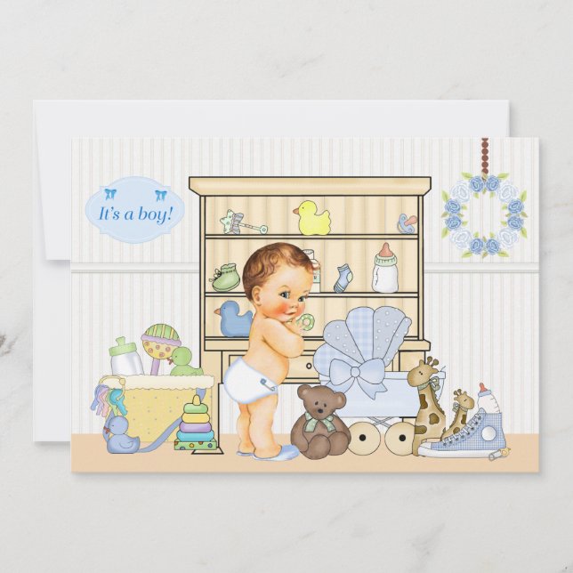 Shabby Chic Baby Boy Blue Baby Dusche Einladung (Vorderseite)