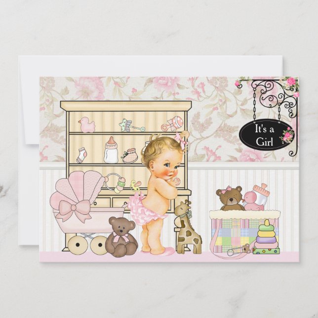 Shabby Chic Baby Girl Pink Babydusche Einladung (Vorderseite)