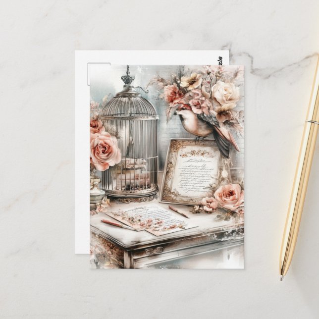 Shabby Chic Bird Cage Bird & Rose Postkarte (Vorderseite/Rückseite Beispiel)