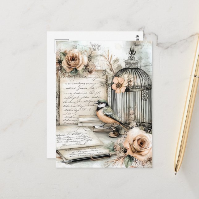 Shabby Chic Bird & Cage Postkarte (Vorderseite/Rückseite Beispiel)