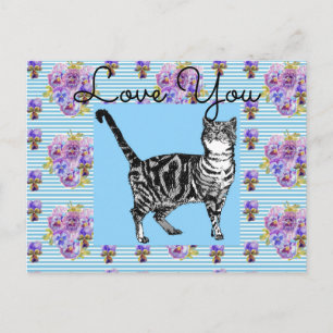 Shabby Chic Blau gestreifte getigerte Katze Liebe  Postkarte