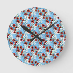 Shabby Chic Blau rote Blumendruck von LeahG Runde Wanduhr