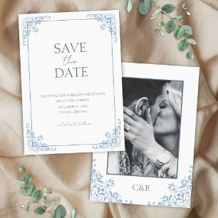 Shabby Chic Blau und Weiß Minimal Save-the-Date-Ka Einladung