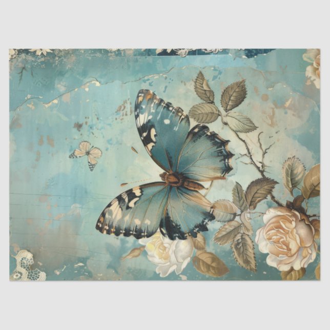Shabby Chic-Blauer Schmetterling und Rose Seidenpapier (Vorderseite)