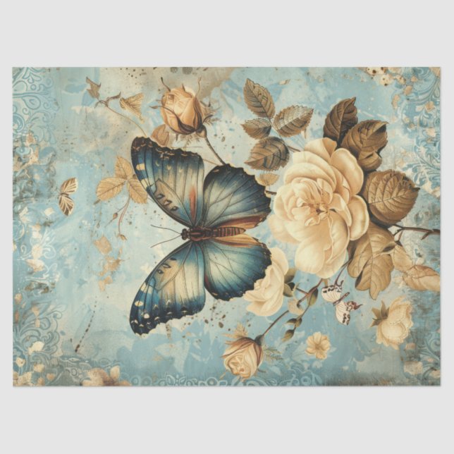 Shabby Chic-Blauer Schmetterling und Weißrosen Seidenpapier (Vorderseite)