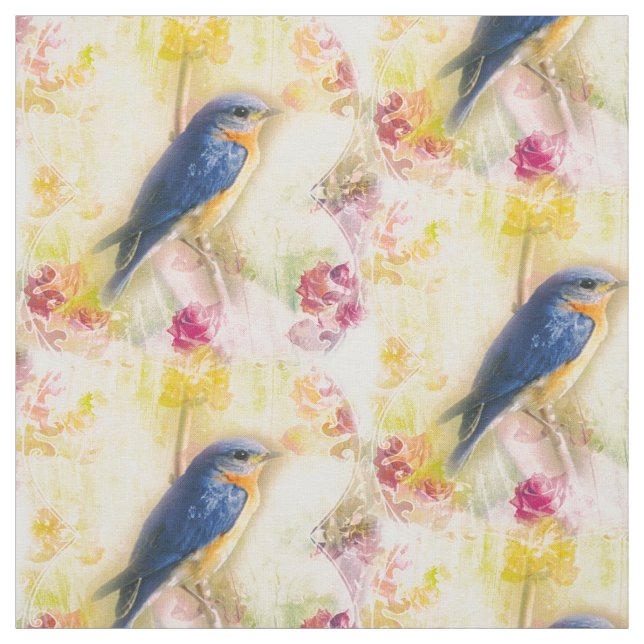 Shabby Chic-blaues Vogel-Gewebe Stoff (Muster)