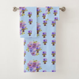 Shabby Chic Blue Pansy Floral Polka Dot Handtuchha Badhandtuch Set