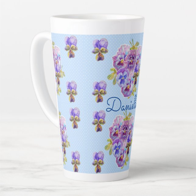 Shabby Chic Blue Pansy Floral Polka Dot Tasse (Linke Ecke)